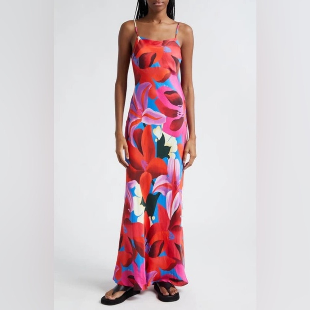 FARM RIO Floral Satin Maxi Dress In Watercolor Floral Blue, Size Large, $245